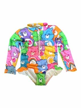 Care Bears Multicolor Long Sleeve Rashguard One Piece Swimsuit Trim Ruffle 12-18